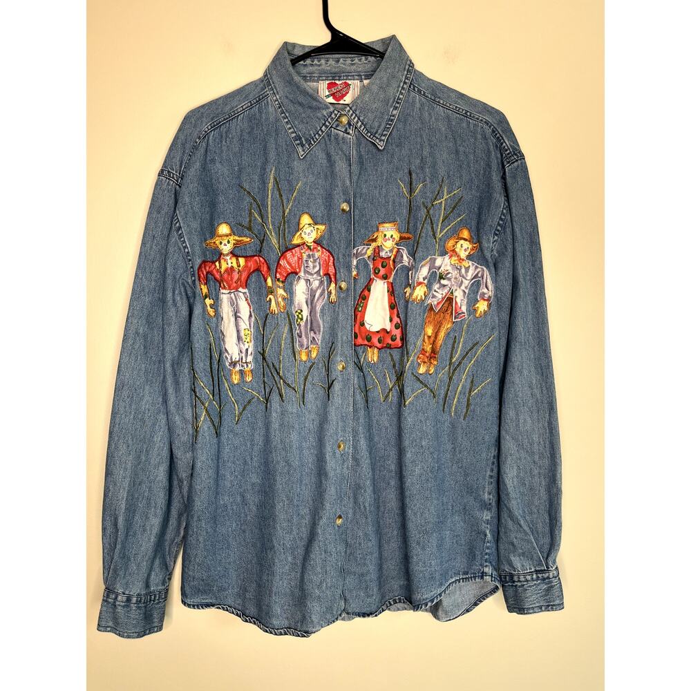 1990s Keren Hart Scarecrow Fall Halloween Granny Chambray Artsy Denim Shirt M